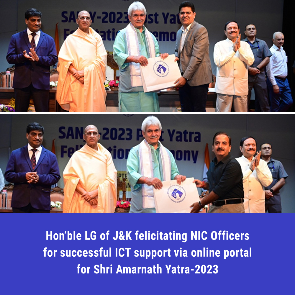 Image of जम्मू-कश्मीर के माननीय उपराज्यपाल ने 62 दिनों की श्री अमरनाथ जी यात्रा-2023 के सफल संचालन के लिए उत्कृष्ट आईसीटी सहायता प्रदान करने के लिए एनआईसी अधिकारियों को सम्मानित किया।